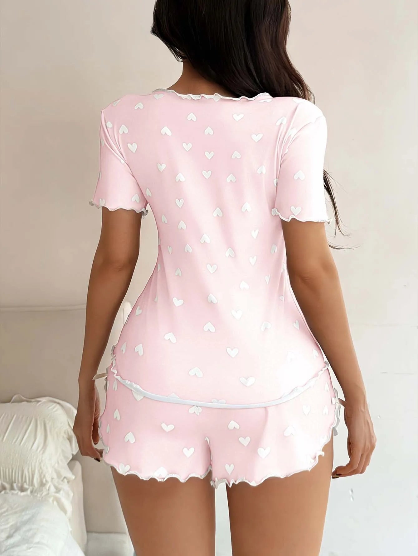 New Summer Women's Pajamas with Love Printed Collar, Short Sleeve Bow, Slim Fit, Comfortable and Soft Women's Home Clothes