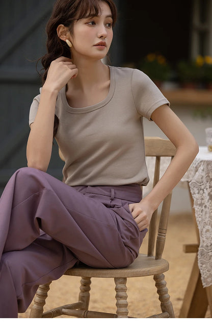 Women's Square-Neck T-Shirt – Elegant Cotton Short-Sleeve Top