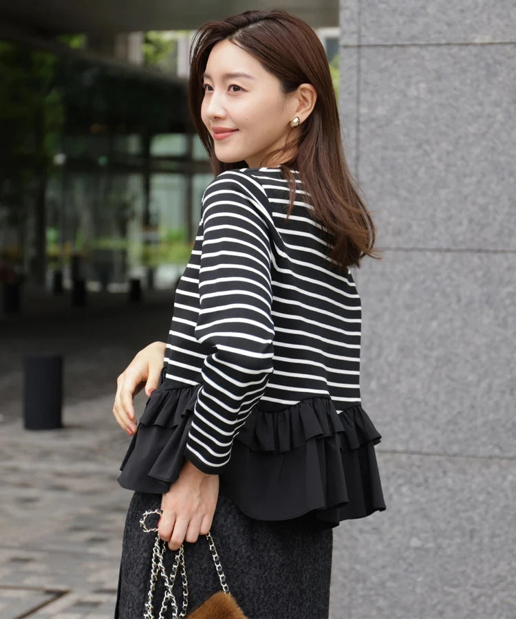 Fashionable Stripe Knitted Sweater Loose Fit Color Block Neckline Long Sleeve Women's Autumn Winter Casual Style Breathable
