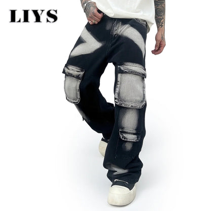 Trousers Streetwear Aesthetic Men's Jeans Tie Dye Man Cowboy Pants Wide Leg Hip Hop Goth Soft Cotton Original Multi Bag Jeans