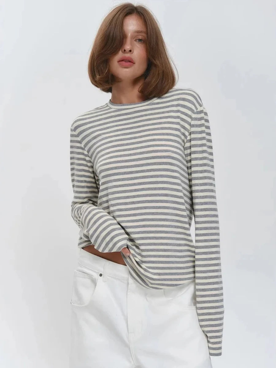 Bornladies Autumn New Fashion Women Cotton Striped Long Sleeve T Shirt Office Casual Simple Round Neck Pullover Tops & Tees