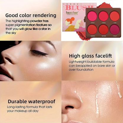 6-Color Waterproof Matte Blush Palette Free Brush Buildable Medium Coverage Sweatproof&Long-Lasting Natural Finish Lightweight