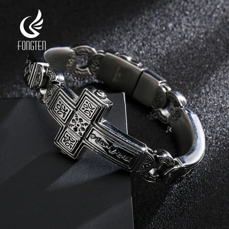 Fongten Cross Charms Bangle For Men Stainless Steel Heavy Mens Bangle Bracelets Male Retro Rune Silver Color Jewelry Armband