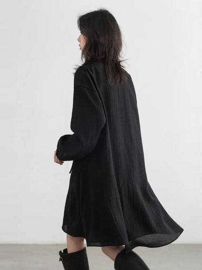 Women Loose Dress - Casual V-Neck Long Sleeve A-Line Knee Dress With Ruffled Lantern Sleeves