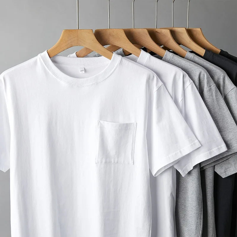 Mens Womens Cotton Pocket Short Sleeve Fashion Soft White Black Loose Fit Tee Shirt Tops High Qualtity Breathable Leisure Tops