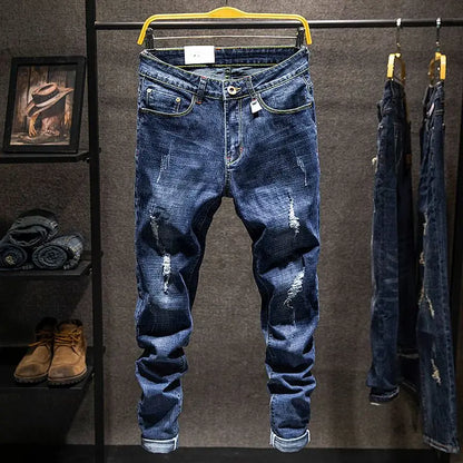 Mens Ripped Slim-Fit Denim Jeans - American Korean Style Cotton Pants - ZOOMNSTORE