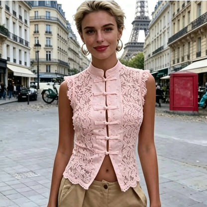 Y2K Aesthetic Solid Color Lace Crop Top Sleeveless Chinese Frog Button Vest Women's Summer Party Streetwear