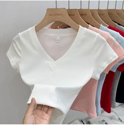 Summer Sexy V-neck Slim T Shirt Women Cotton Basic Solid Crop Tops Female Casual Tops Short Sleeve T-shirts 2026