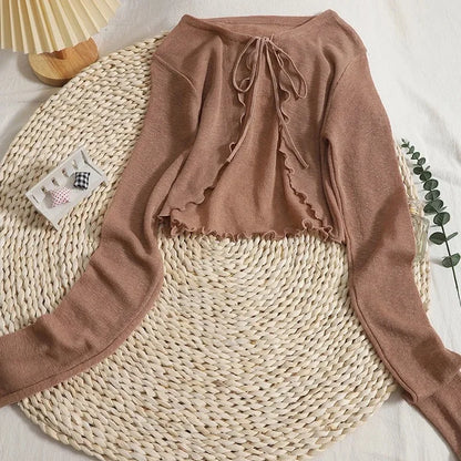 Summer Women Thin Sunscreen Cardigan Lace-up Knitwear Tops Female Korean Style Lantern Sleeve Short Coat Casual Sun Protected