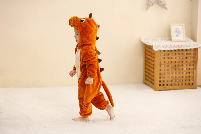 Baby Winter Rompers - Soft Polyester Hooded Jumpsuit With Animal Pattern, Machine Washable