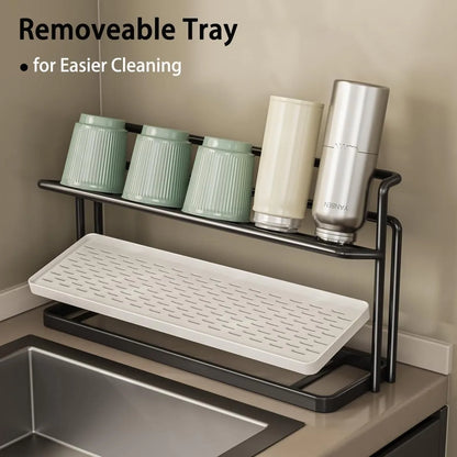 Bottle Drying Rack - 2 Tier Rust Proof Steel Kitchen Storage Rack with Removable Drain Tray