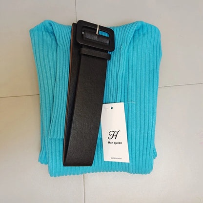 Knitted Turtleneck Bodycon Dress - Soft Elastic Midi Party Dress with Belt for Women
