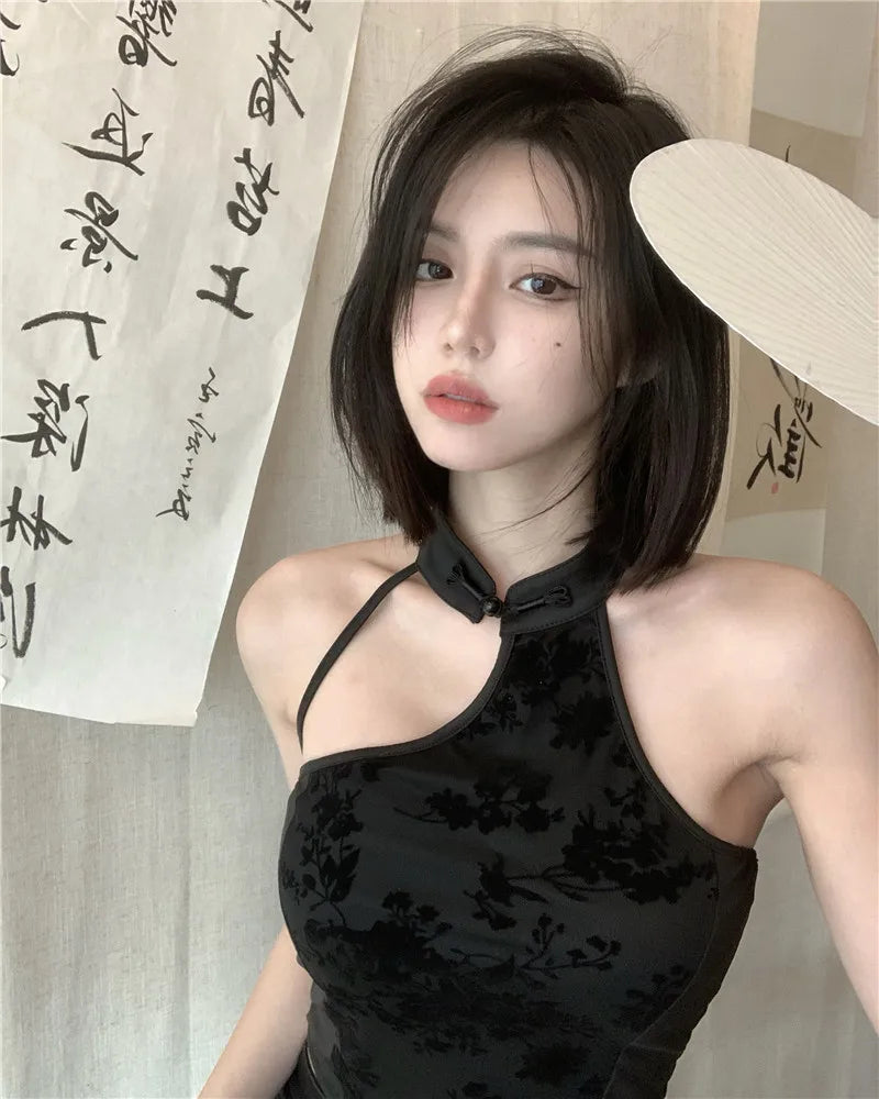 New Chinese Style Irregular Camis Women Autumn Elegant Temper Ink Print Sexy Halter Backless Fashion Party Romantic Crop Tops