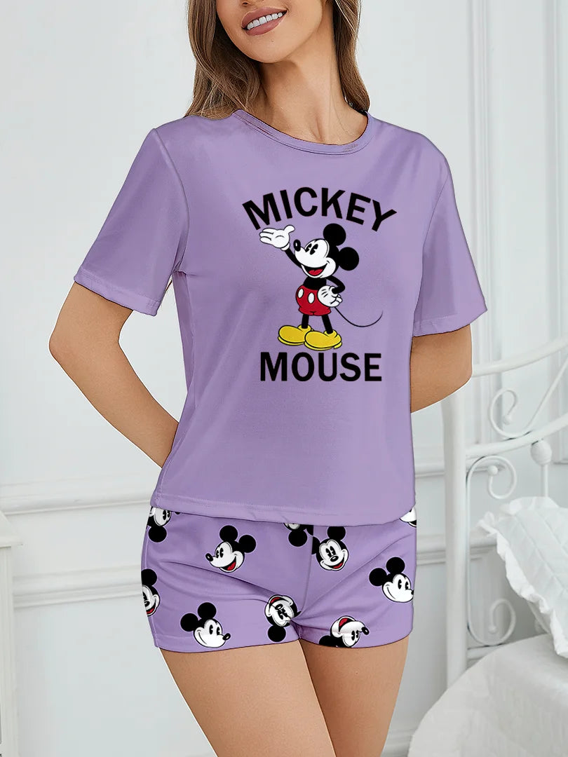 Women's 2-piece Mickey Cute Cartoon Pattern Short sleeved Top and Shorts Sleepwear Home Clothes