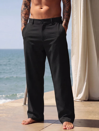 New Men Cotton Linen Pants Summer and Autumn Solid High Waist Wide-Leg Trousers Male Loose Hemp Casual Breathable Sports Pants