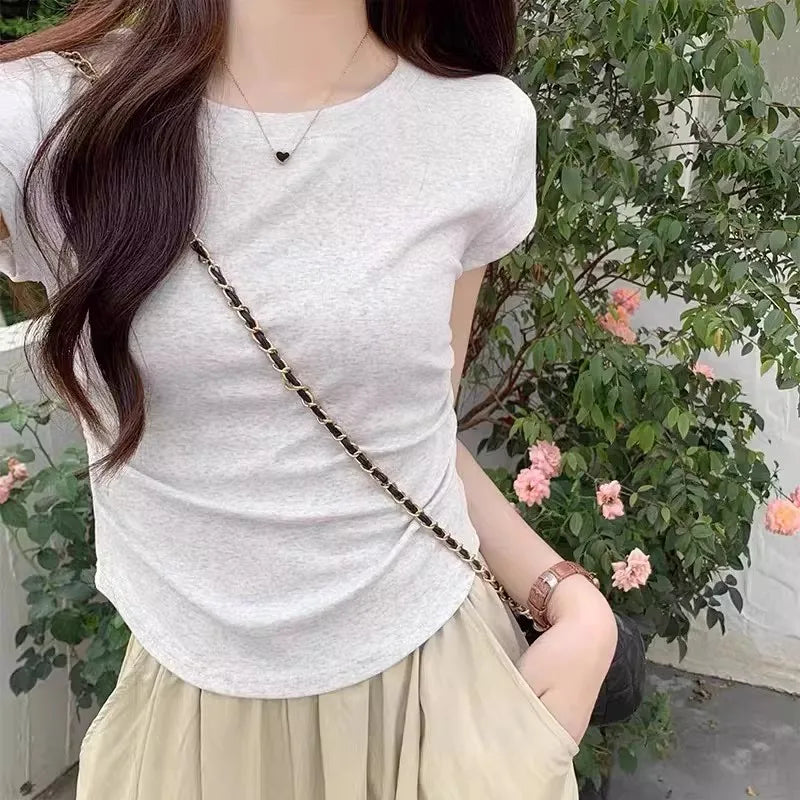 Women's Basic Solid Crop Top Short Sleeve Crewneck Skinny T-shirt Summer Casual Y2K Vintage Harajuku Streetwear