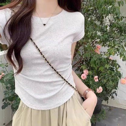 Women's Basic Solid Crop Top Short Sleeve Crewneck Skinny T-shirt Summer Casual Y2K Vintage Harajuku Streetwear