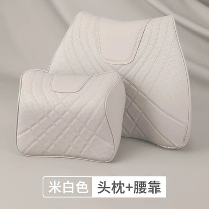 Car Headrest Pillow - Memory Foam Lumbar Support Cushion Set With Leather Cover