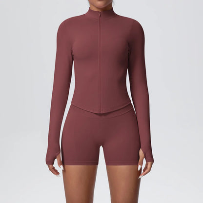 Women Gym Set - Seamless Yoga Suit With Zip Shirt & Cycling Shorts Activewear