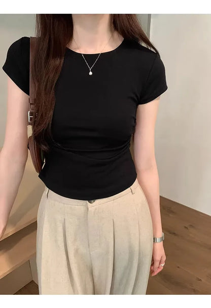 Women's Basic Solid Crop Top Short Sleeve Crewneck Skinny T-shirt Summer Casual Y2K Vintage Harajuku Streetwear