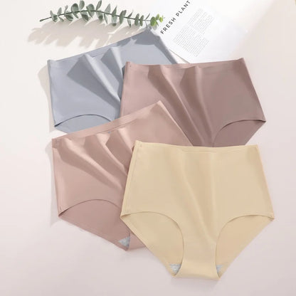 4PCS/SET Plus Size Underwear Women's Panties Ice Silk Solid Color Ladies Seamless Underpants High Waist Sexy Breathable Lingerie