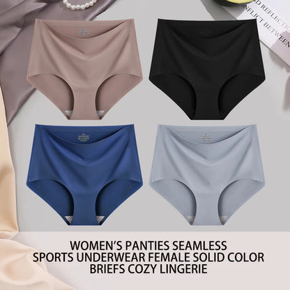 4PCS/SET Plus Size Underwear Women's Panties Ice Silk Solid Color Ladies Seamless Underpants High Waist Sexy Breathable Lingerie