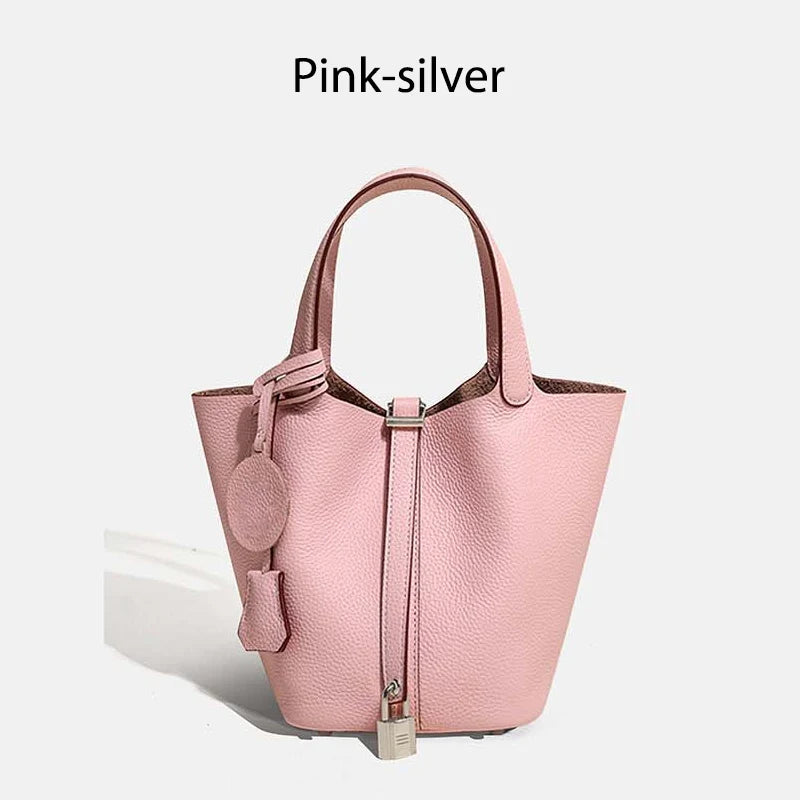 Women Leather Bucket Bag - Genuine Leather Handbag | Large Tote Bag With Silver Hardware
