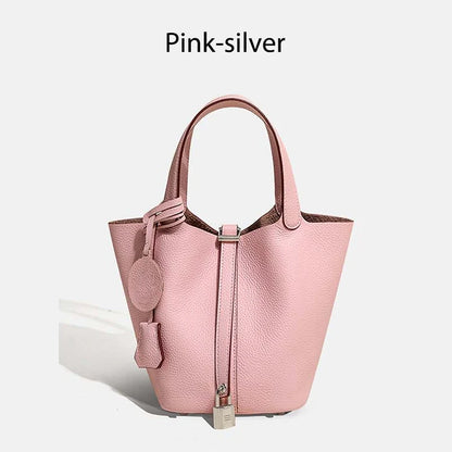 Women Leather Bucket Bag - Genuine Leather Handbag | Large Tote Bag With Silver Hardware