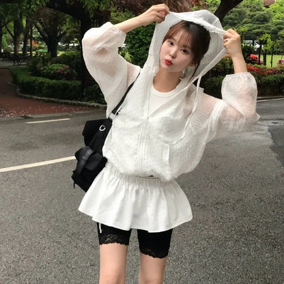 Casual Polka Dot Sun Protection Jacket Loose Fit Thin Hooded Jacket Breathable Long Bubble Sleeve Quick Dry Jacket