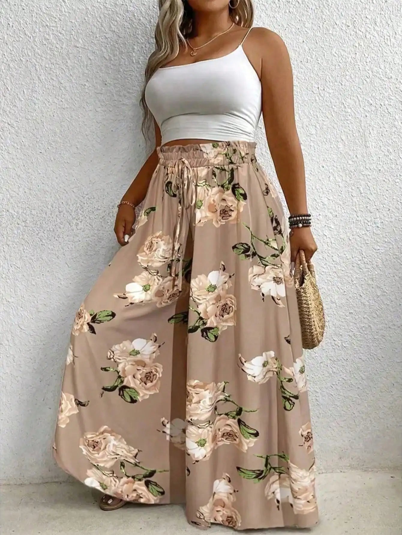 Elegant plus Size Printed Wide Leg Pants for Women Loose Fit Imitation Drawstring Waist Belt Non-Elastic Fabric