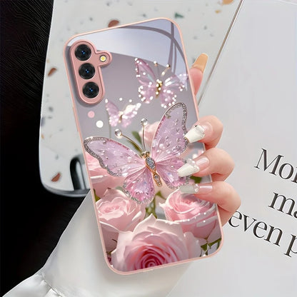 Hard Glass Flowers Case For Samsung S26 S25 Ultra S24 S23 Plus S21 FE S22 A57 A56 5G A55 A54 A36 A53 A52S A17 A34 A51 Case Cover
