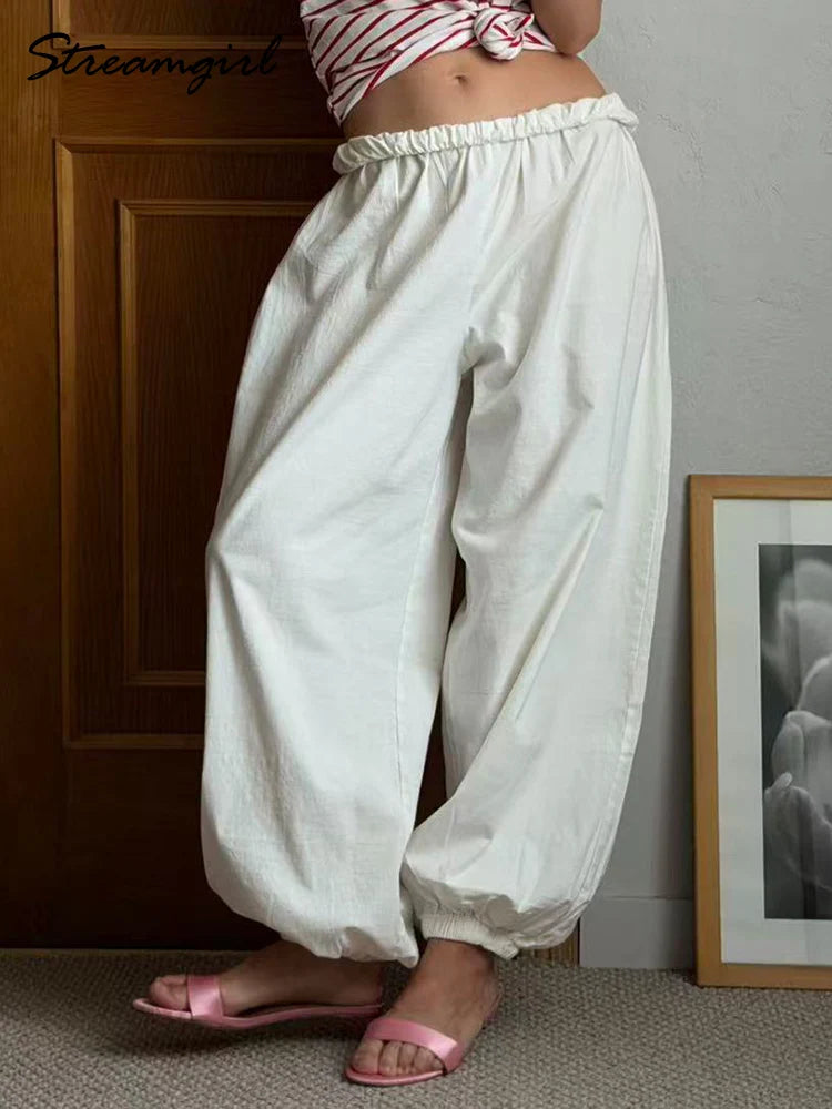 Wide Leg Red Pants For Women Cotton Long Bloomers White Autumn Elastic Waist Lantern Trousers Women Straight Practice Pants Lady