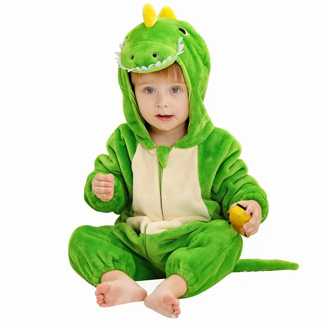 Baby Winter Rompers - Soft Polyester Hooded Jumpsuit With Animal Pattern, Machine Washable
