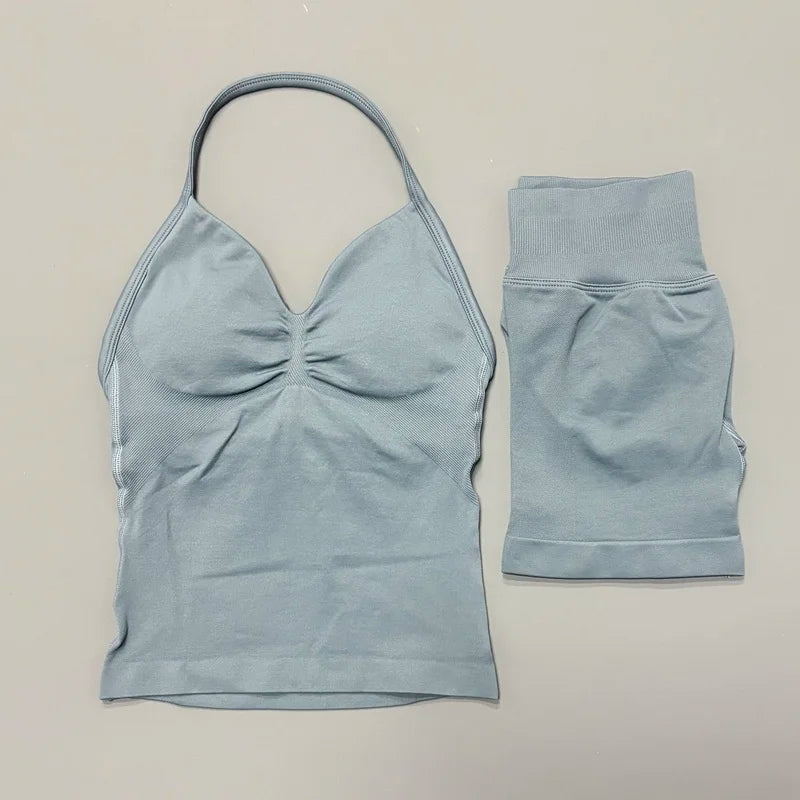 2Pcs HISTELLO Yoga Set Women Halter Tank Top Scrunch Butt Lifting Shorts Ruched Anti Chafe Quick Dry Gym Workout Sports Set