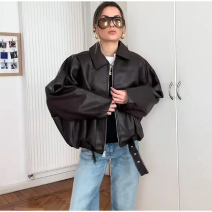 Vintage Leather Bomber Jacket – Women's PU Leather Zip Jacket With Belt & Patchwork Design