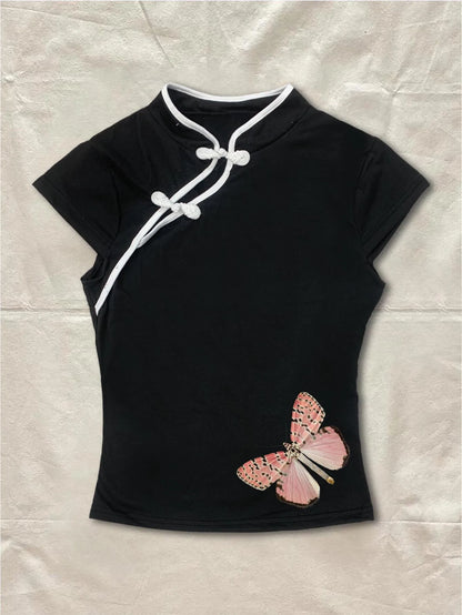 Coquette Cami Top Women Black Luna Moth Graphic Qipao Inspired Mandarin Collar Knot Detail Short Sleeve Fitted Top 2026