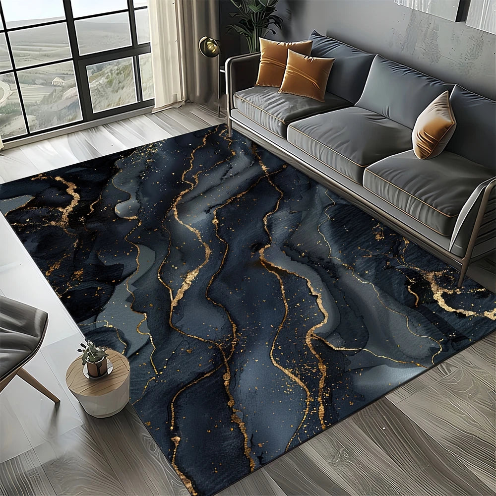 Marble Stone Carpet Rug - Modern Black White Gold Polyester Velvet Area Rug for Living Room
