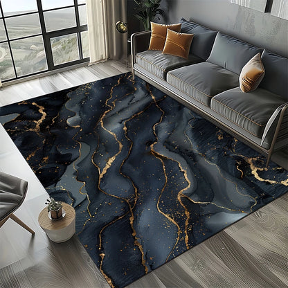Marble Stone Carpet Rug - Modern Black White Gold Polyester Velvet Area Rug for Living Room