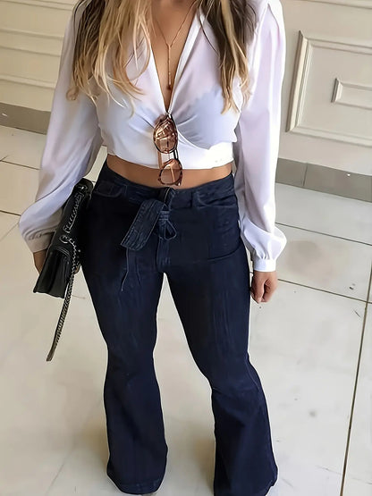 Y2k Jeans Women Jeans Trendy Elastic Waistband Flare Pants Wide Leg Trousers Stylish New Design Casual