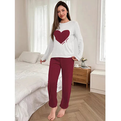 Autumn and Winter Warm Pajama Set for Women Casual and Comfortable Heart Shaped Printed Cute Set Home Clothes New Style Hot