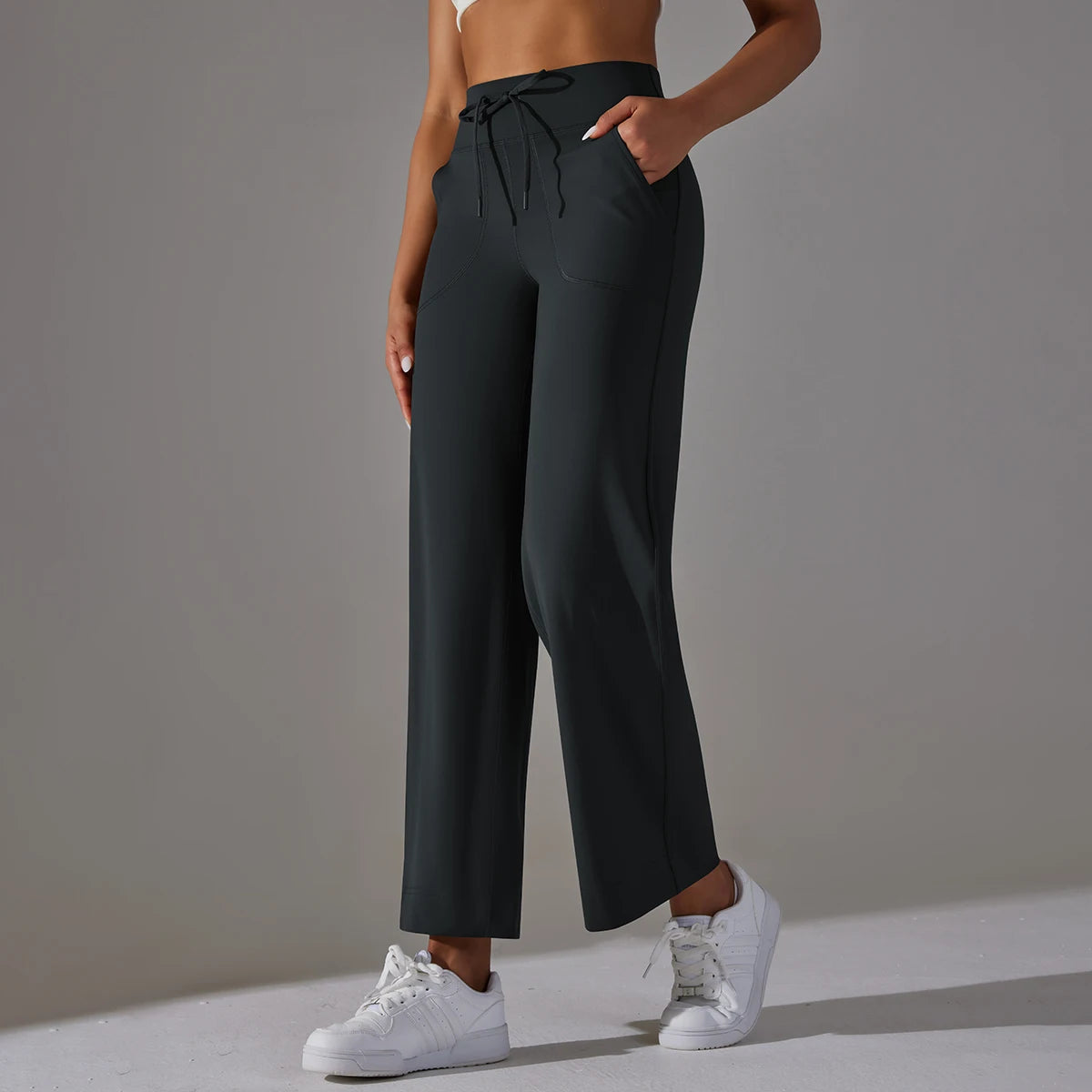 Women Leggings Wide Leg Flare Pants With Pockets Drawstring Sports Trousers High Waist Flared Yoga Leggings Fitness Running Jogg