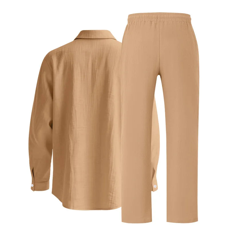 Men's Autumn Loose Trend Linen Solid Color Simple Lapel Long-Sleeved Shirt Beach Trousers Set