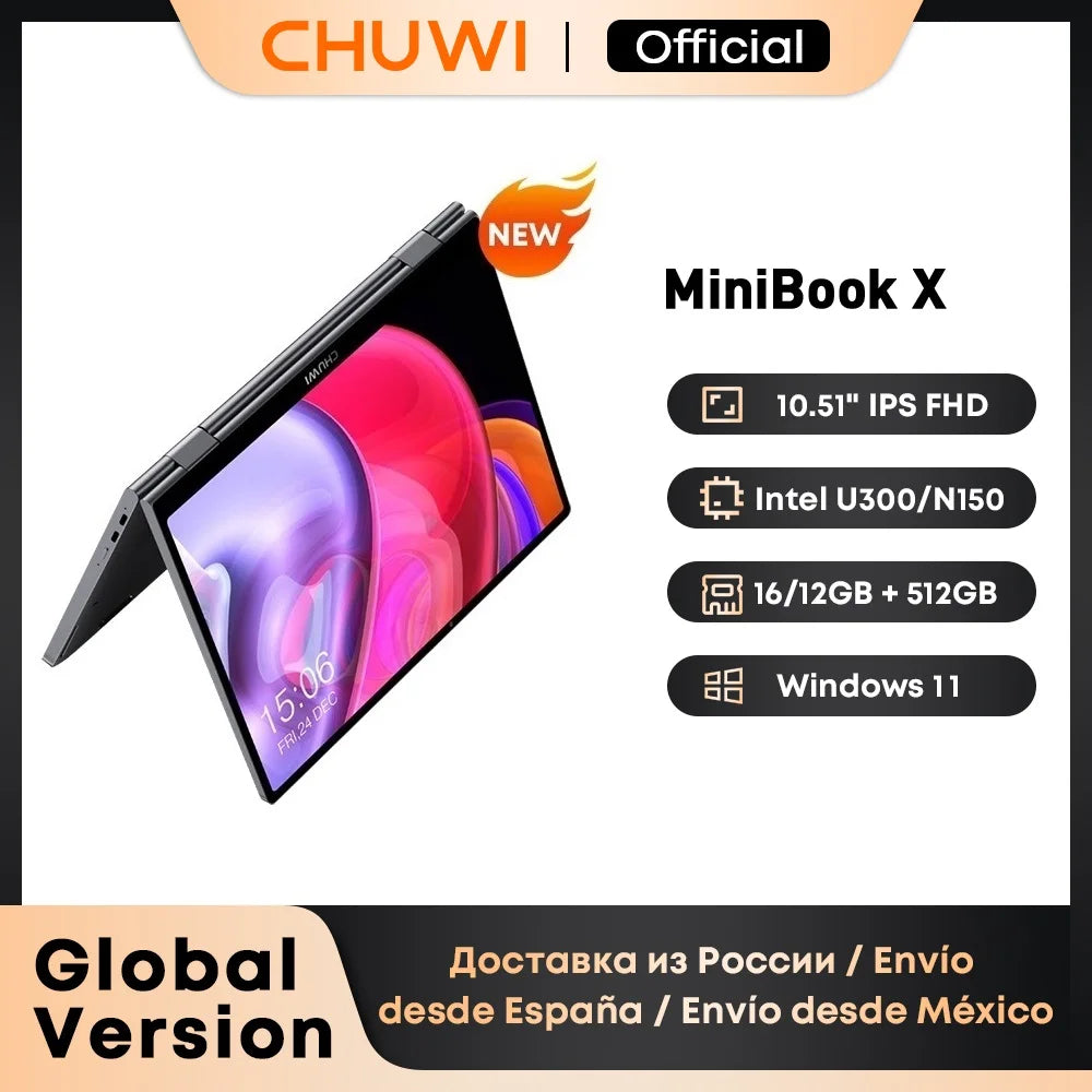 CHUWI MiniBook X Laptop Tablet 2 In 1 Intel U300/N150 10.51" FHD IPS Screen 16GB / 12GB RAM LPDDR5 512G SSD Windows 11 Notebook