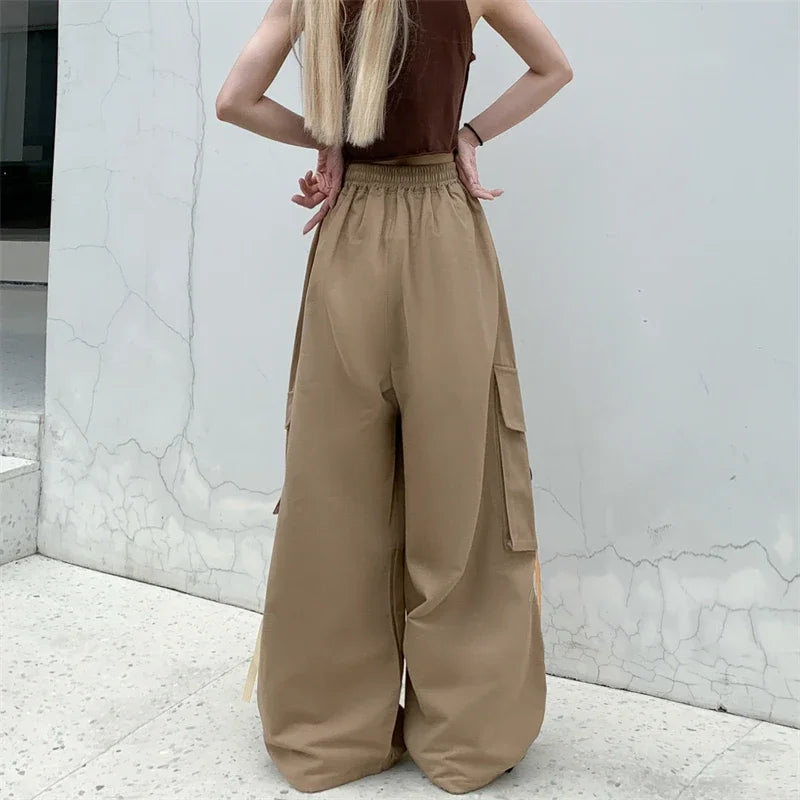High Quality 2025 Cotton High Street Cargo Pants for Women Men with Ribbon High Waist Wide Leg Hip-hop Cool Dances Pants Ladies