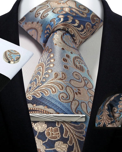 Mens Silk Tie Set - Silver Paisley Necktie with Pocket Square  Cufflinks for Formal Events