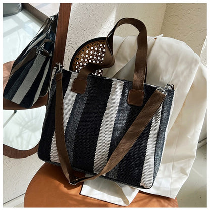 Striped Canvas Tote - Women's Crossbody Shoulder Bag With Zipper Closure, Versatile Daily Use