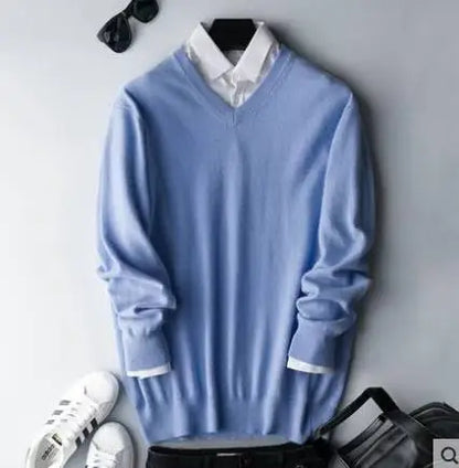 Cashmere Pullover Sweater - Men's V Neck Warm Cotton Blend Knitwear For Autumn Winter
