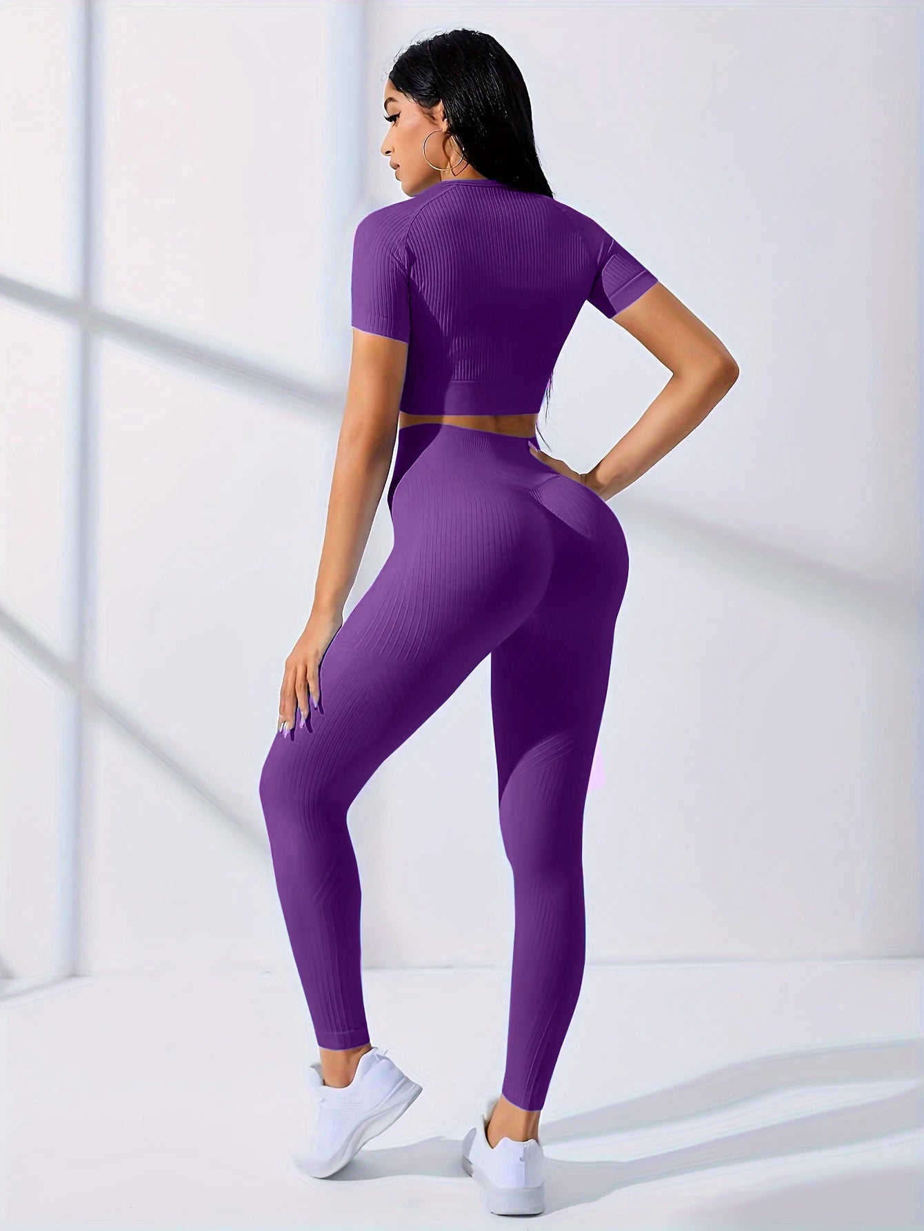 Workout Sets Outfits for Women – Yoga Leggings with Short Sleeve Crop Top, Slim Fit Tummy Control Butt Lifting Waist Shaping, Seamless Ribbed Texture, Breathable Soft Fabric, Non-Pilling, Perfect for Fall Winter Gym Yoga Ru