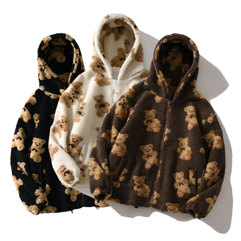 Autumn Winter Women Hooded Thickened Casual Sweatshirt Cartoon Bear Print Zipper Pocket Plush Unisex Fleece Jacket