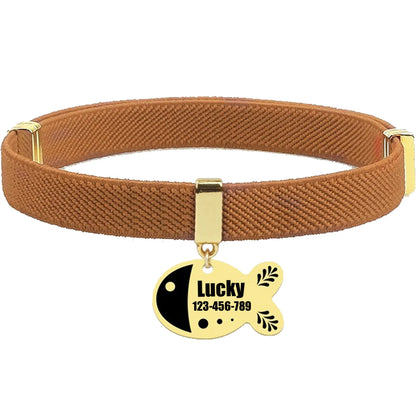 Free Customized Cat Collar Cute Fish Metal Necklace Pet ID Name Tag Personalized GPS Tracker Kitten Dog Breakaway Elastic Collar